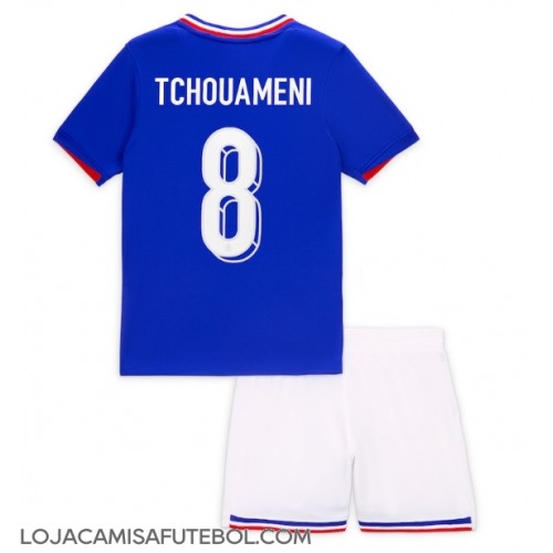 Camisa de Futebol França Aurelien Tchouameni #8 Equipamento Principal Infantil Europeu 2024 Manga Curta (+ Calças curtas)